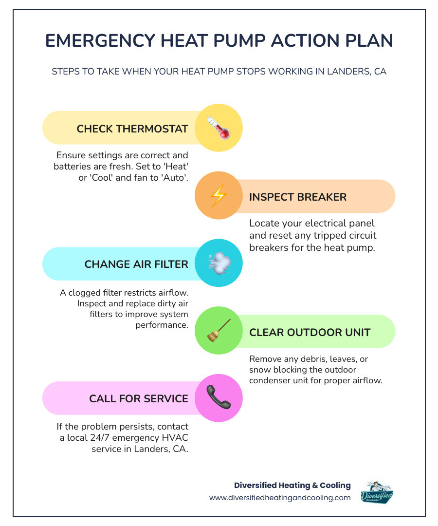 Infographic showing step-by-step emergency response for heat pump failure: 1. Check thermostat settings and batteries, 2. Verify circuit breaker hasn't tripped, 3. Inspect and replace dirty air filter, 4. Clear debris from outdoor unit, 5. If problem persists call 24/7 emergency HVAC service in Landers CA - emergency heat pump repair in landers ca infographic infographic-line-5-steps-colors