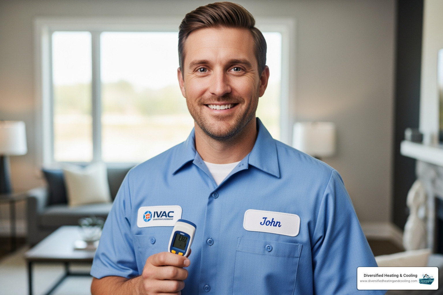 HVAC technician smiling - emergency heat pump repair in landers ca