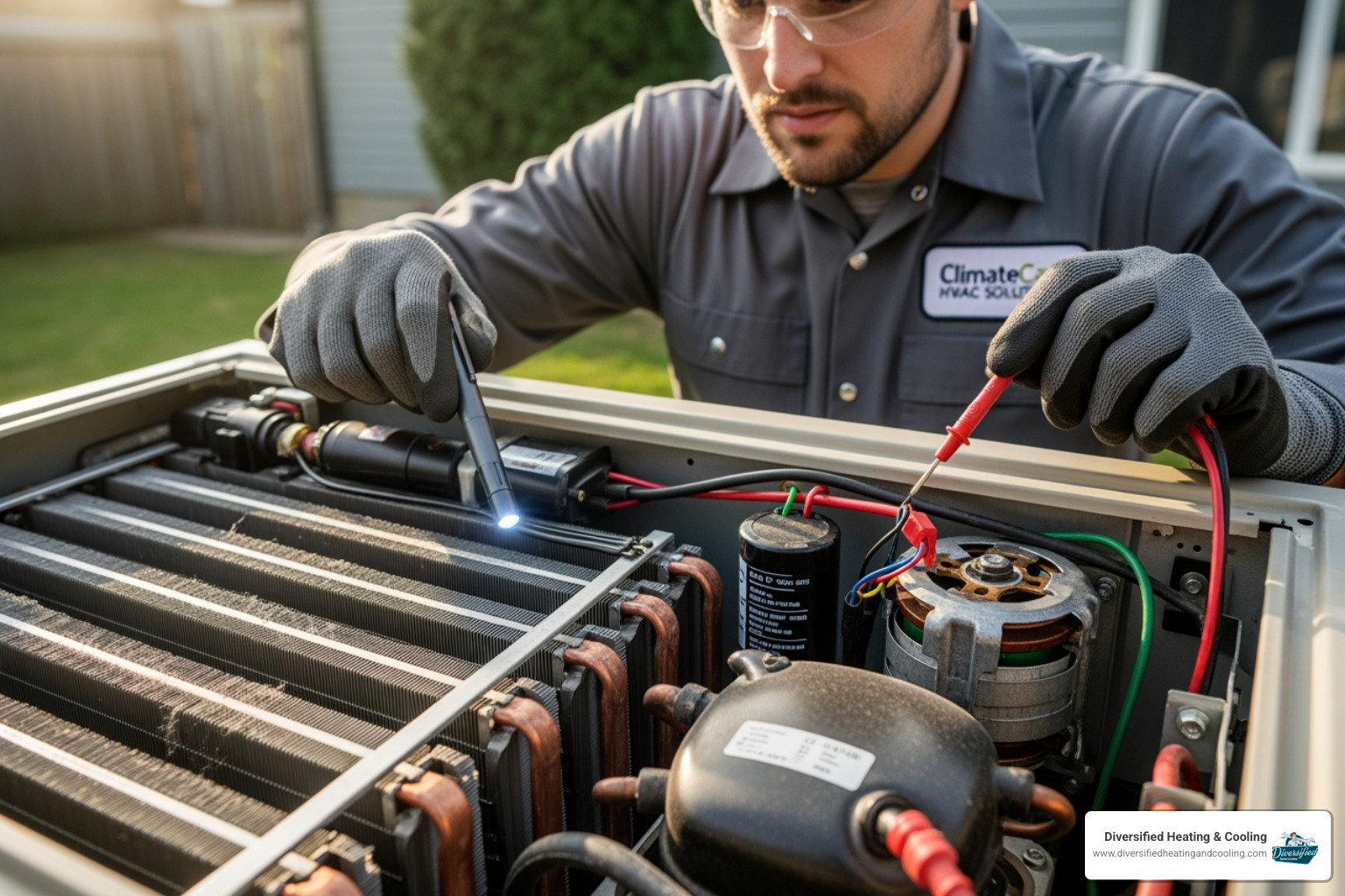 technician inspecting heat pump internal components - emergency heat pump repair in landers ca