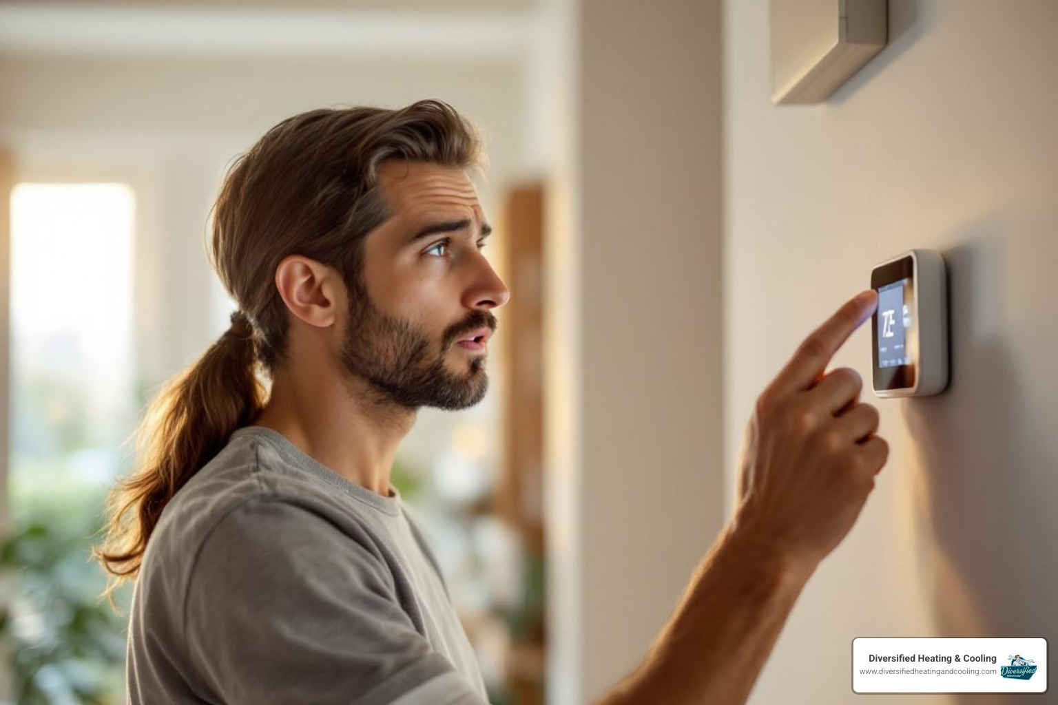 homeowner checking thermostat - emergency heat pump repair in landers ca