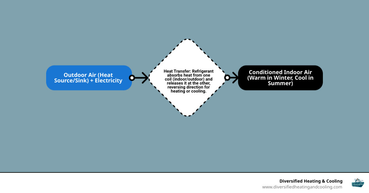 infographic showing heat pump heating and cooling cycle with arrows indicating heat transfer in winter and summer, energy efficiency ratings, and key benefits for desert climates including year-round comfort and reduced electricity use - reliable heat pump company in desert hot springs ca infographic flowmap_simple