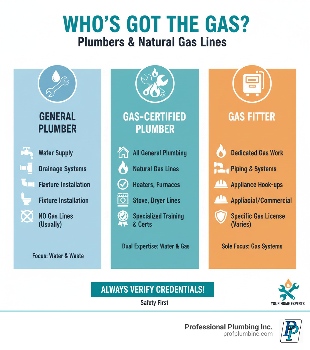 Infographic explaining the difference between a general plumber, a gas-certified plumber, and a gas fitter - do plumbers install natural gas lines infographic 