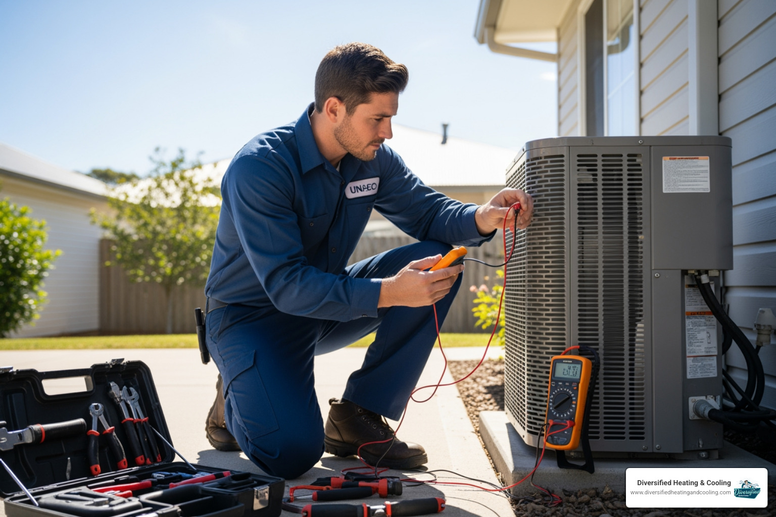 HVAC technician inspecting an outdoor heat pump unit - heat pump not working in la quinta ca