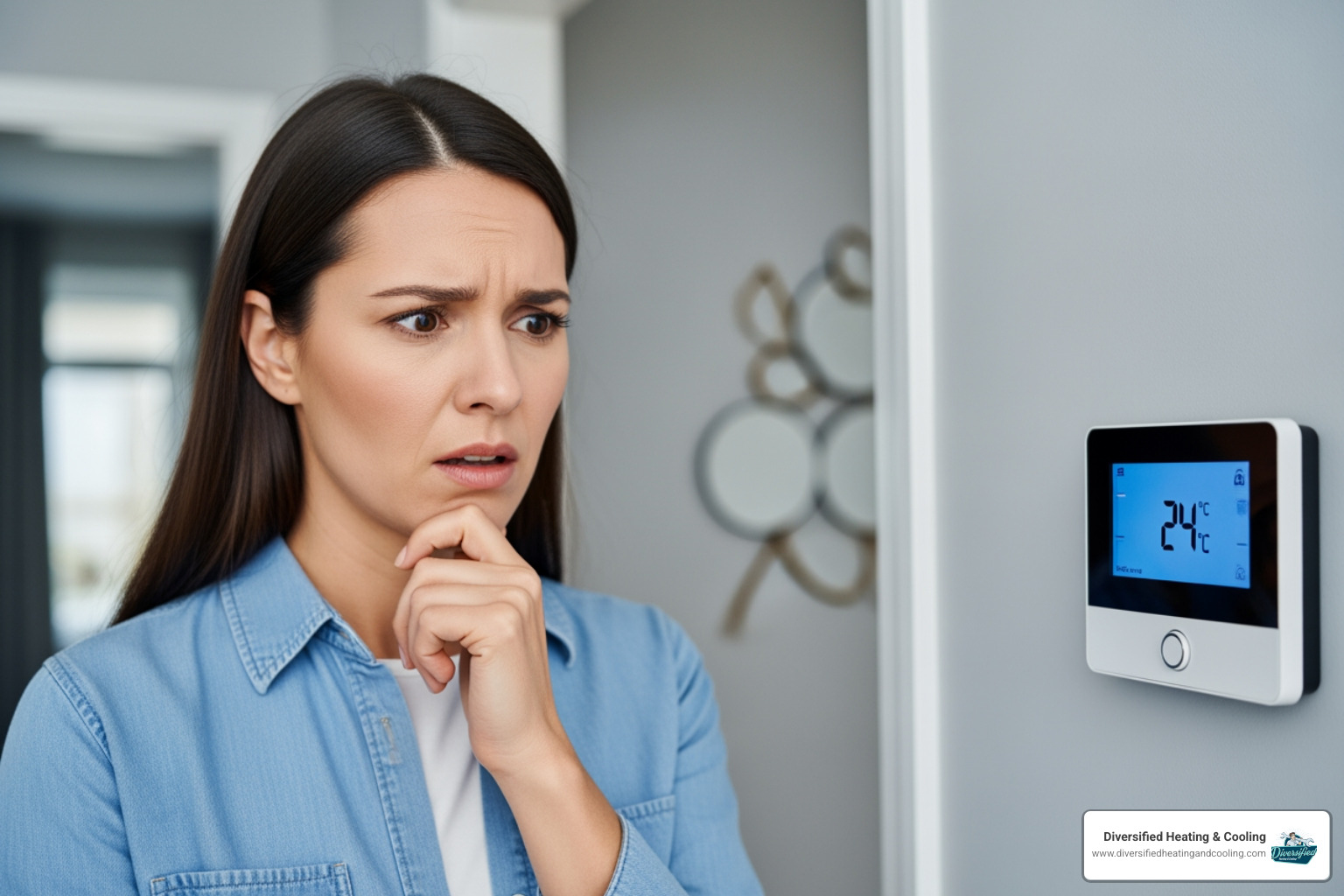 A homeowner looking at their thermostat with a concerned expression - heat pump service in big bear city ca