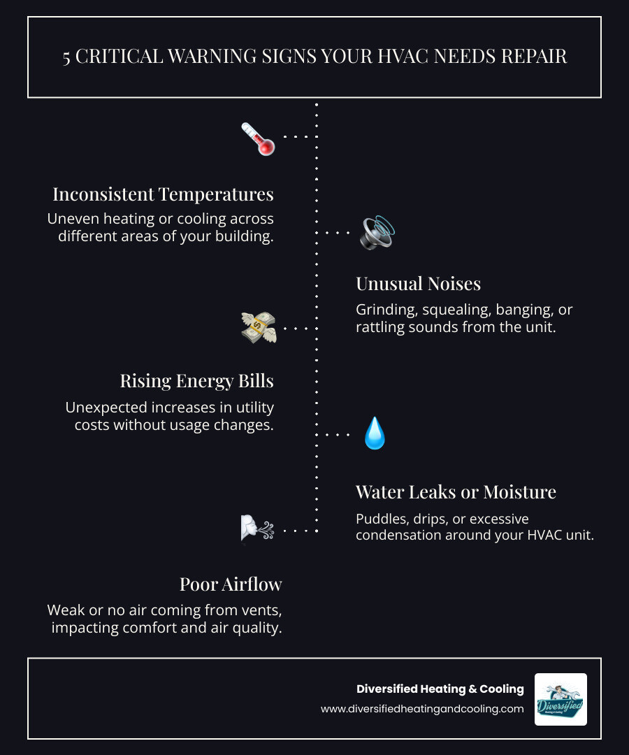 infographic showing five critical warning signs of commercial HVAC failure: inconsistent temperatures across zones, unusual noises like grinding or banging, rising energy bills without increased usage, water leaks or moisture around units, and poor airflow from vents - commercial hvac repair in baldwin lake ca infographic infographic-line-5-steps-dark infographic showing five critical warning signs of commercial HVAC failure: inconsistent temperatures across zones, unusual noises like grinding or banging, rising energy bills without increased usage, water leaks or moisture around units, and poor airflow from vents - commercial hvac repair in baldwin lake ca infographic infographic-line-5-steps-dark