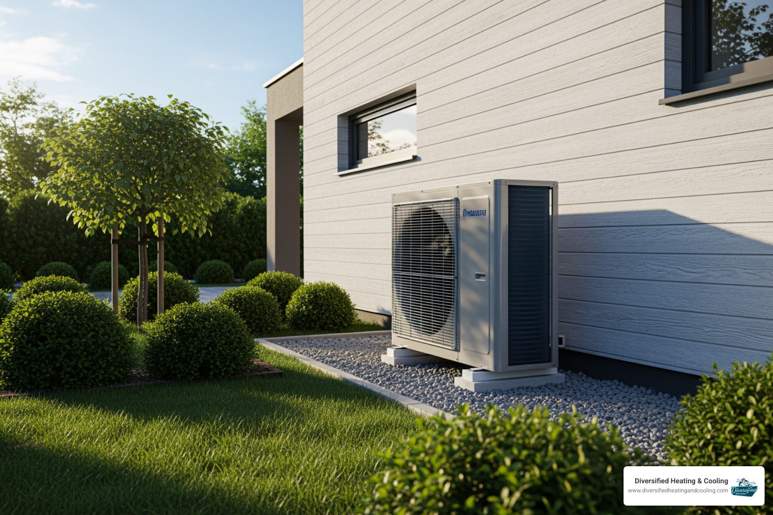 A clean, modern heat pump outdoor unit next to a home - heat pump service in big bear city ca