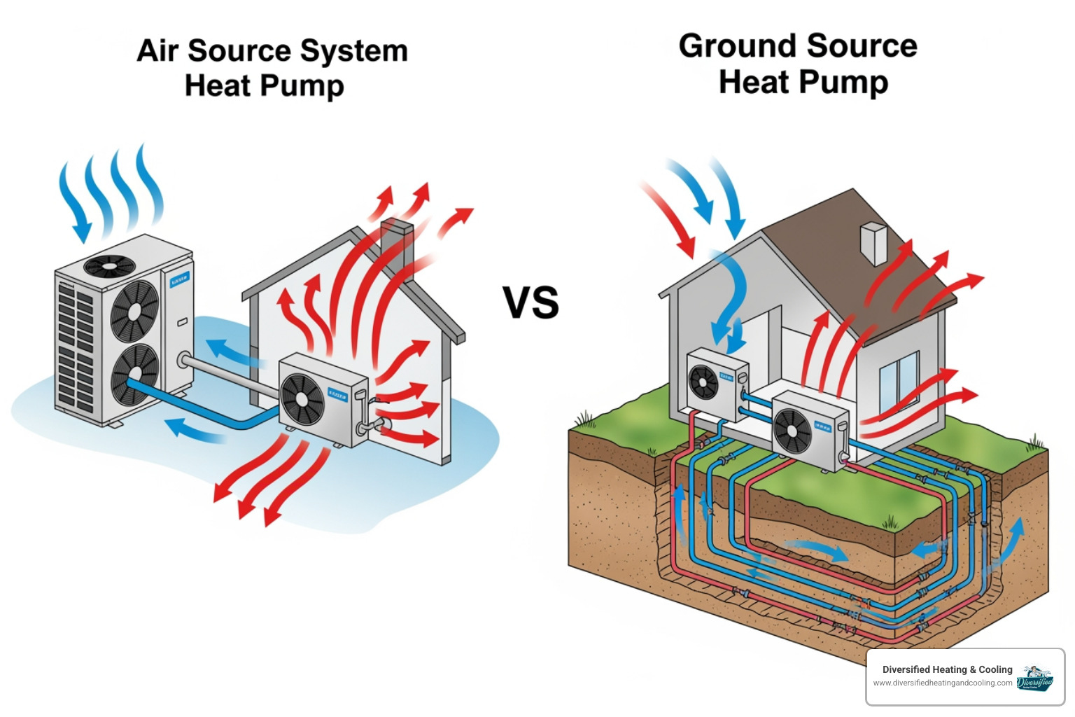 Diagram comparing air source and ground source heat pump components - heat pump service in big bear city ca