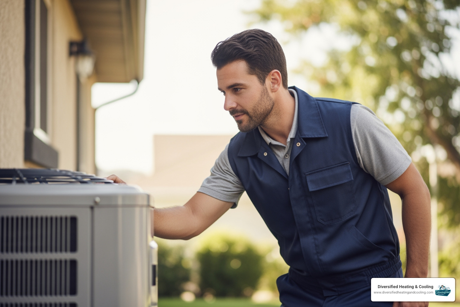 a friendly HVAC technician in uniform inspecting a heat pump - reliable heat pump company in desert hot springs ca