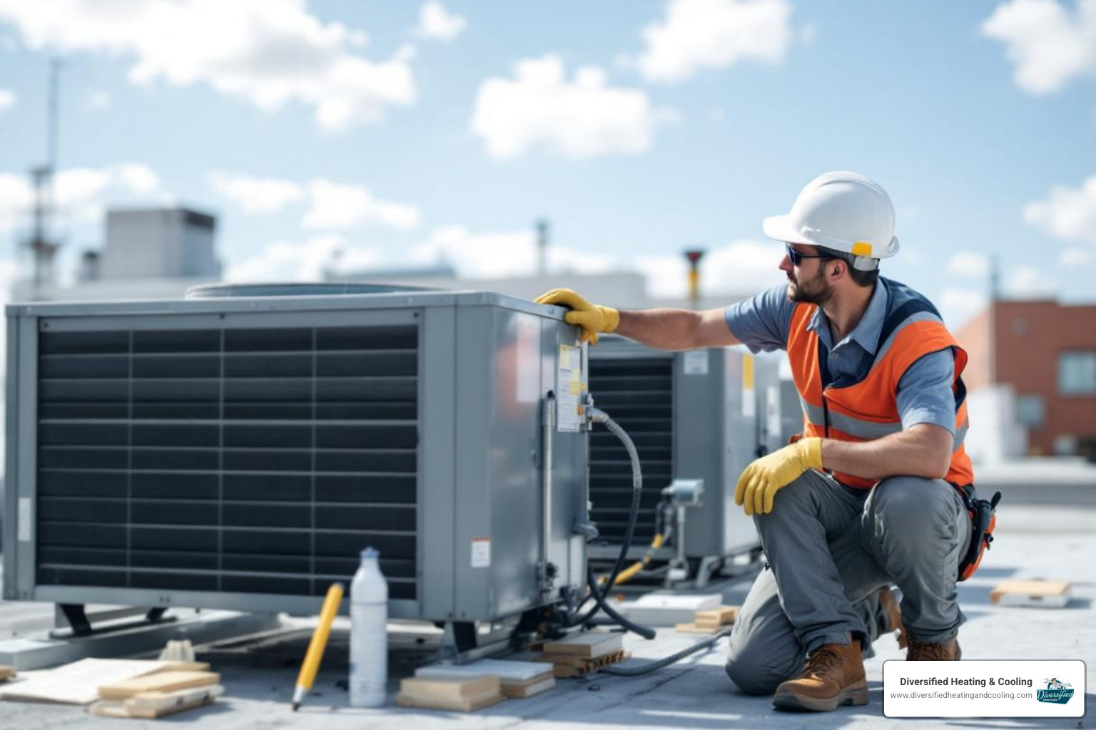 technician working on a large commercial rooftop unit - commercial hvac repair in baldwin lake ca technician working on a large commercial rooftop unit - commercial hvac repair in baldwin lake ca