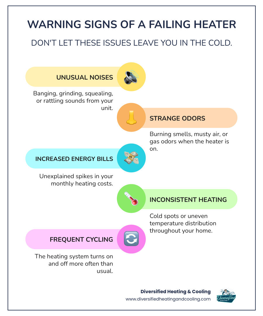 infographic showing warning signs of heating system failure including unusual noises strange odors rising energy bills uneven heating and frequent cycling - best heating company in yucca valley ca infographic infographic-line-5-steps-colors