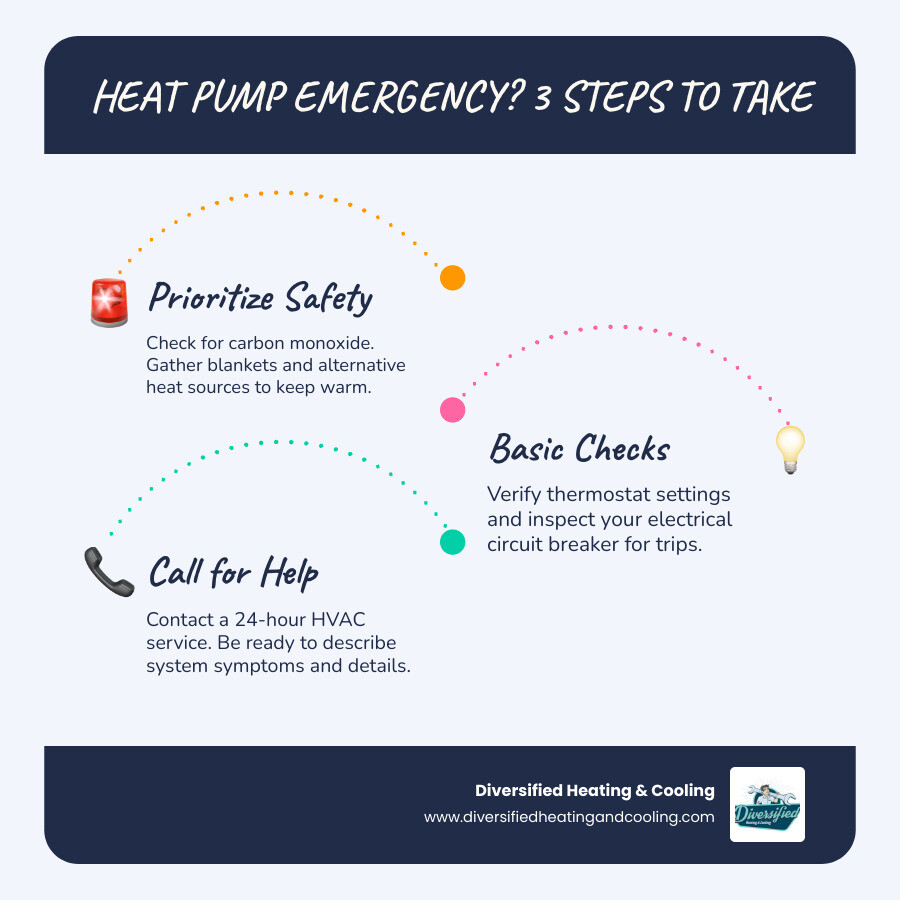 infographic showing three immediate steps when heat pump fails: 1) ensure family safety by checking for carbon monoxide and gathering emergency heat sources, 2) perform basic troubleshooting including thermostat check and circuit breaker inspection, 3) contact 24 hour emergency HVAC service with system details and symptoms - 24 hour heat pump service in big bear city ca infographic infographic-line-3-steps-blues-accent_colors