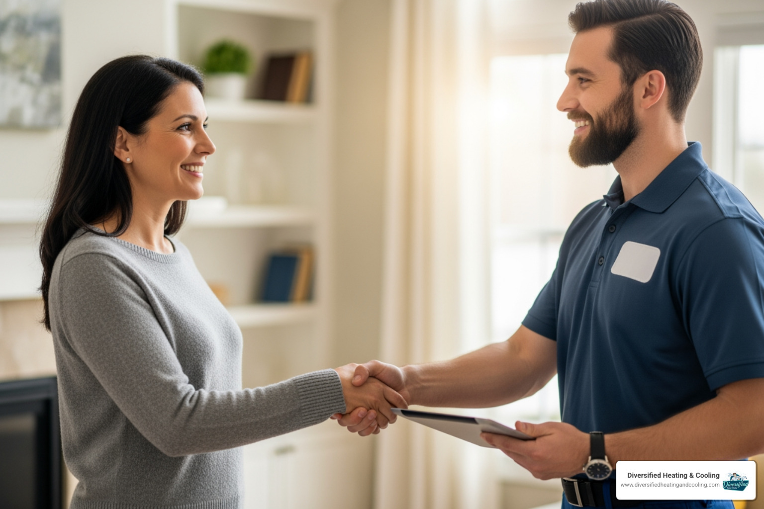 homeowner shaking hands with a friendly, professional HVAC technician - best heating company in joshua tree ca