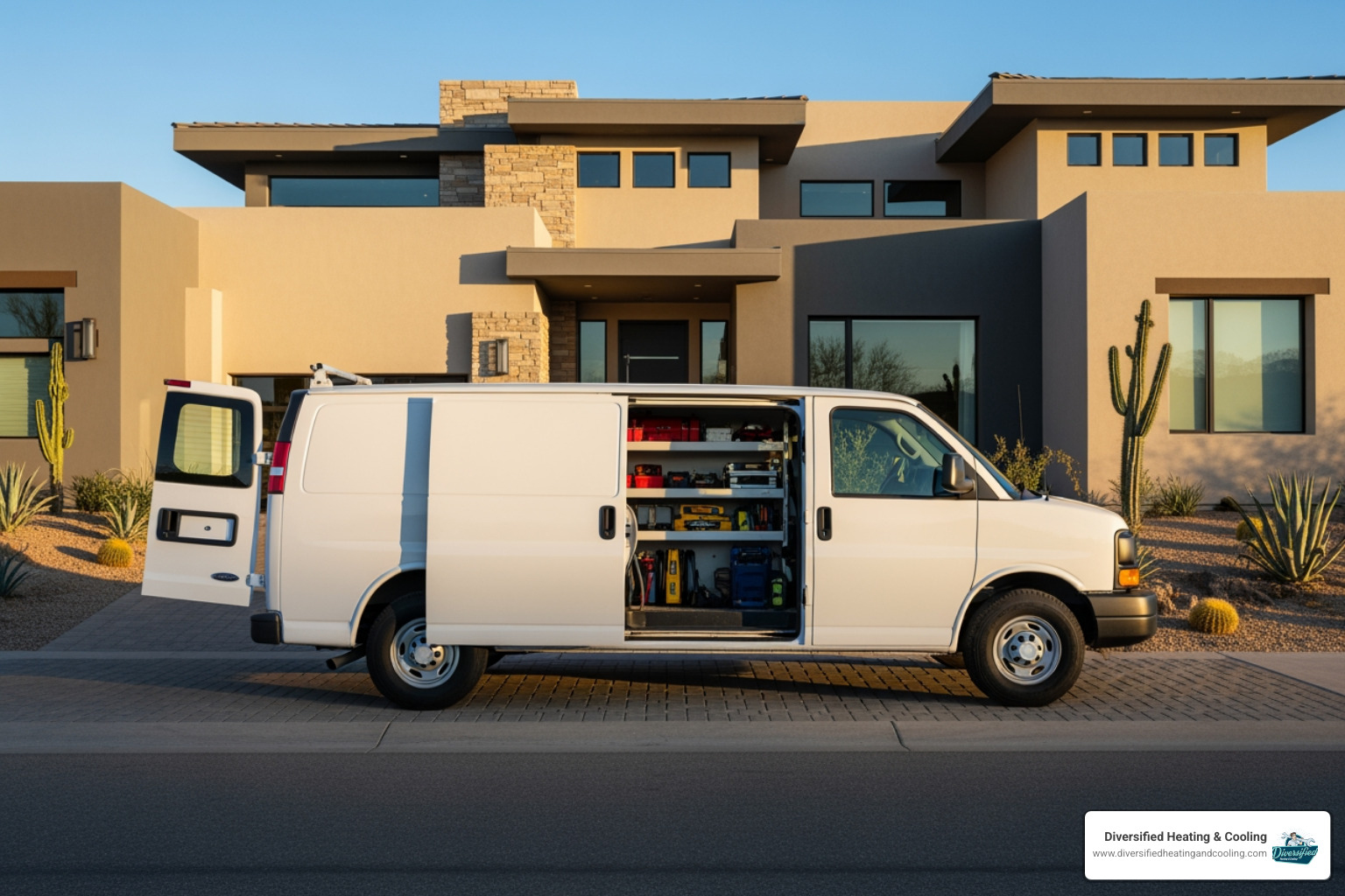 clean, branded service van parked in front of a desert home - best heating company in joshua tree ca