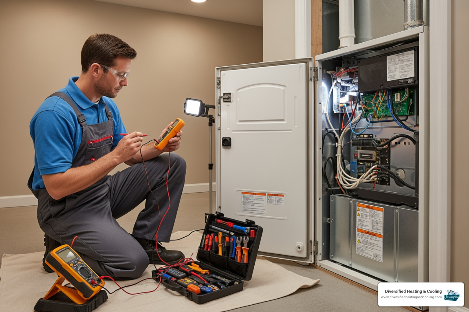 technician performing maintenance on a modern furnace unit - best heating company in joshua tree ca