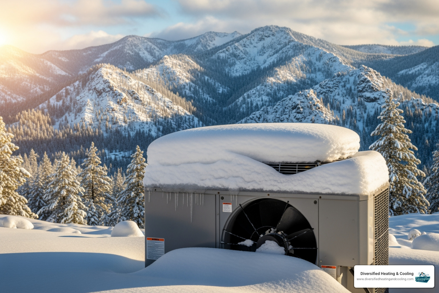 of a heat pump unit covered in snow in Big Bear - heat pump broken in big bear city ca