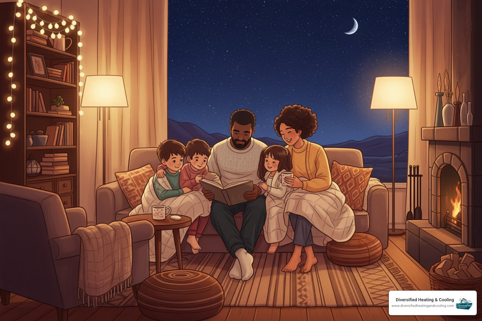 family enjoying warm and cozy home during cold desert night - heating upgrade in joshua tree ca