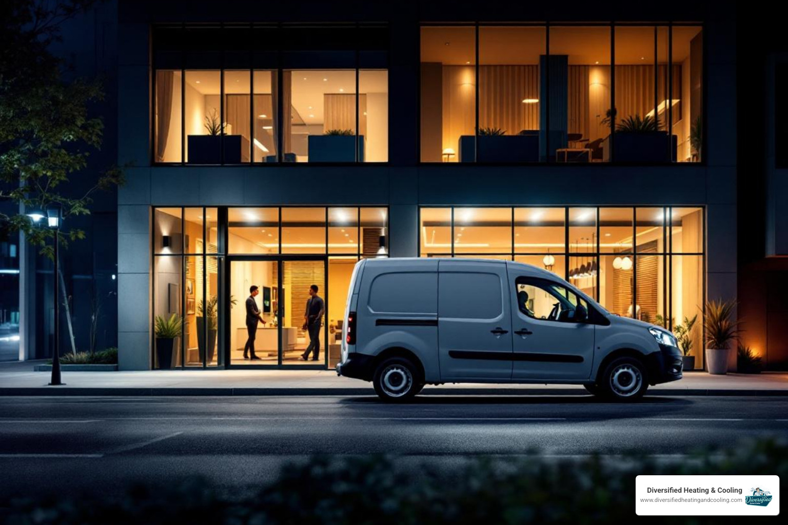 service van at night in front of a commercial building - 24/7 commercial hvac repair in bermuda dunes ca
