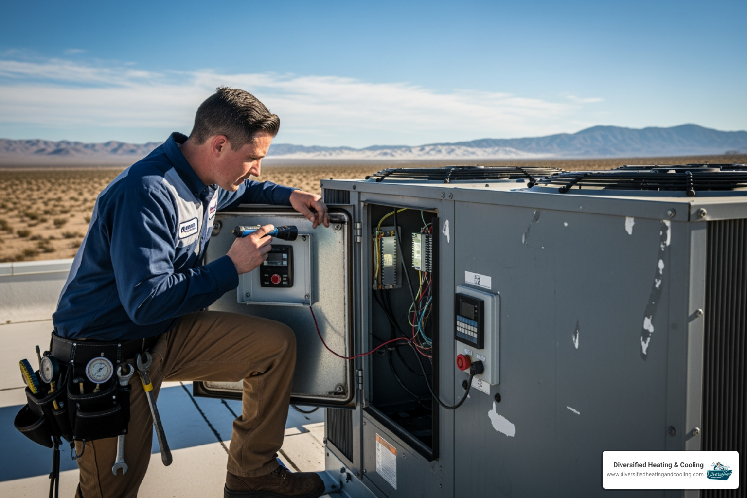 technician inspecting a large rooftop HVAC unit - 24/7 commercial hvac repair in bermuda dunes ca