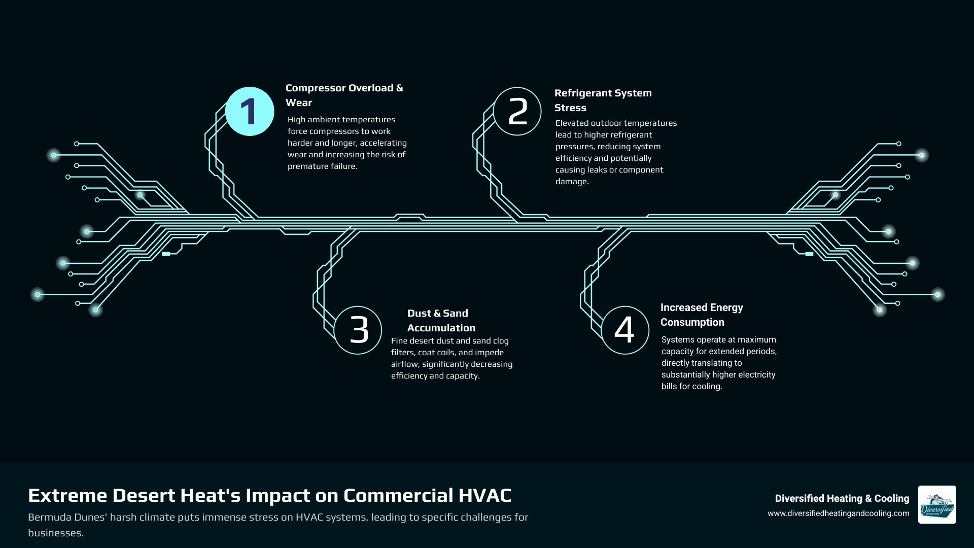 infographic showing how extreme desert heat affects commercial HVAC components including compressor wear, refrigerant pressure, dust accumulation, and increased energy consumption - best commercial hvac company in bermuda dunes ca infographic infographic-4-steps-tech infographic showing how extreme desert heat affects commercial HVAC components including compressor wear, refrigerant pressure, dust accumulation, and increased energy consumption - best commercial hvac company in bermuda dunes ca infographic infographic-4-steps-tech