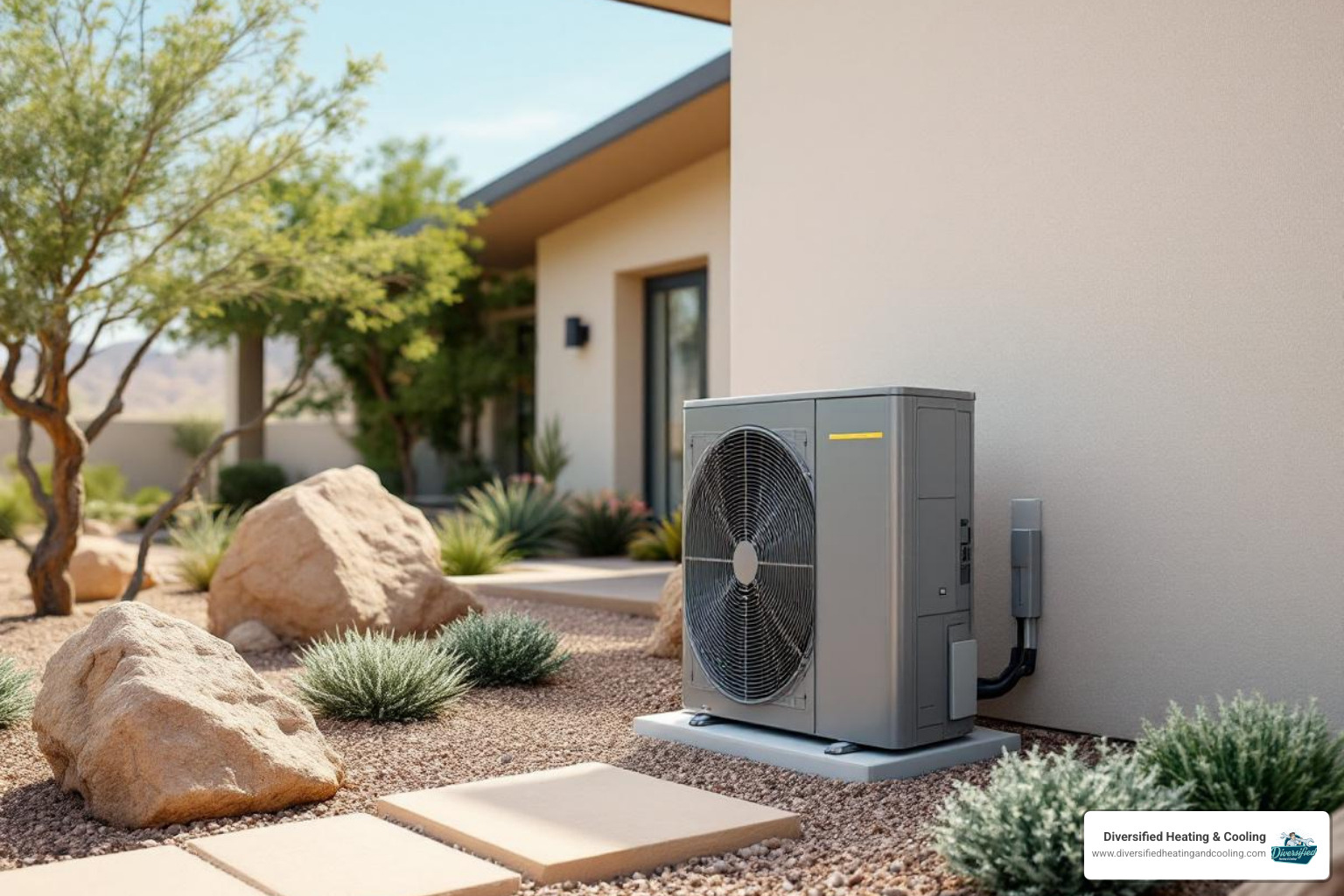 sleek outdoor heat pump unit next to a desert-landscaped home - reliable heat pump company in joshua tree ca
