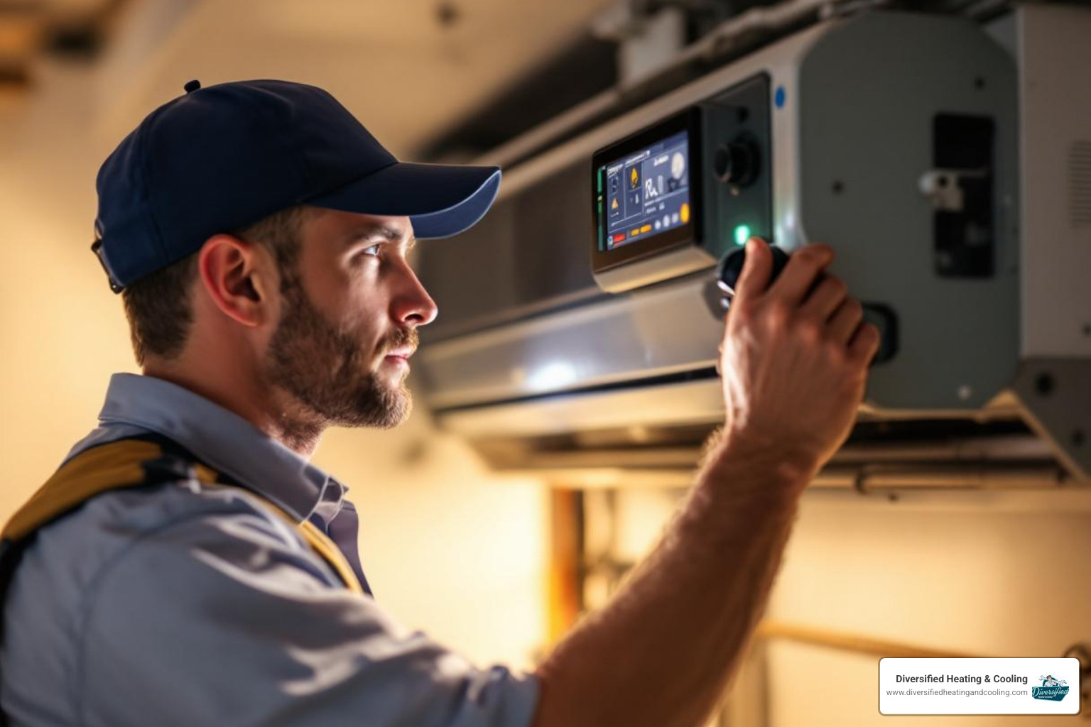 professional technician in uniform inspecting an indoor air handler - reliable heat pump company in joshua tree ca