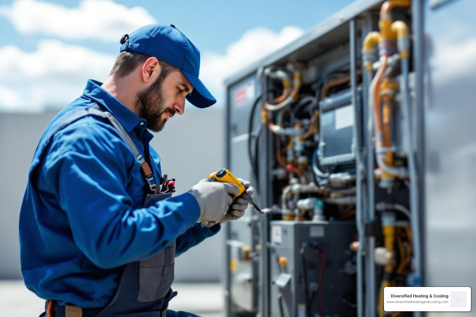technician performing maintenance check on a clean HVAC unit - certified commercial hvac technician in desert hot springs ca