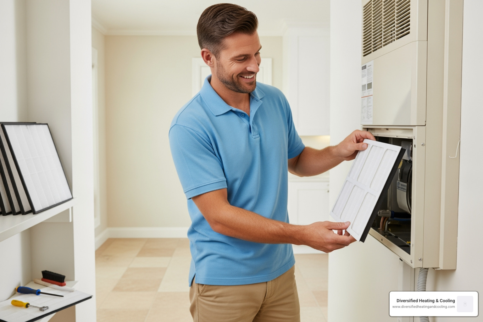 A homeowner happily changing an air filter in their HVAC system - heating maintenance in joshua tree ca