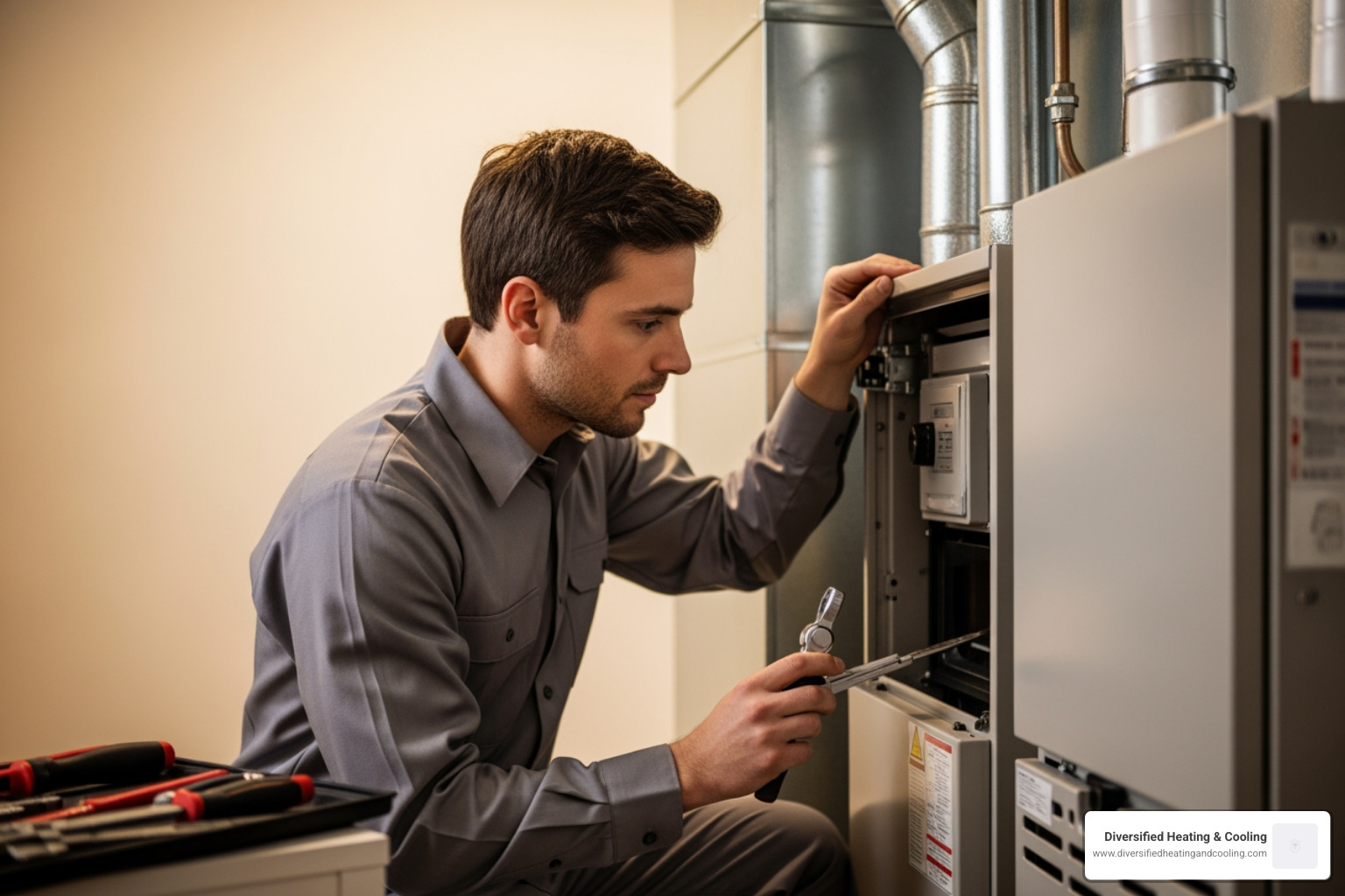 A professional HVAC technician servicing a furnace in a residential basement - heating maintenance in joshua tree ca