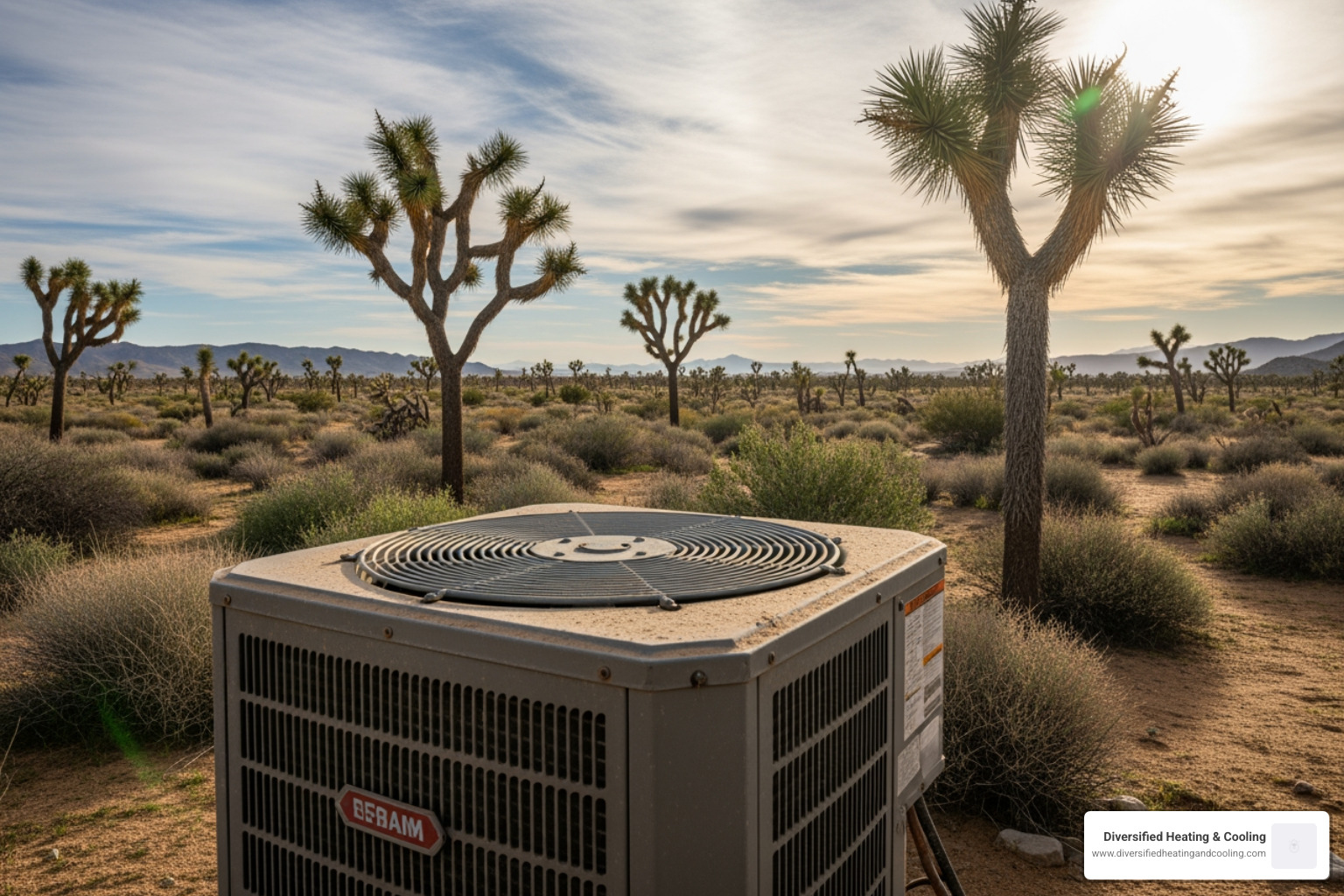 A dusty outdoor HVAC unit in a desert setting with Joshua Tree landscape in the background - heating maintenance in joshua tree ca