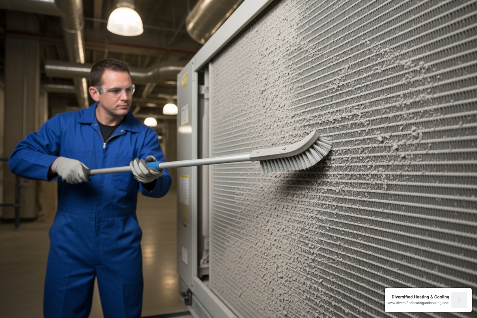 Technician cleaning dusty commercial HVAC coil - certified commercial hvac technician in palm springs ca