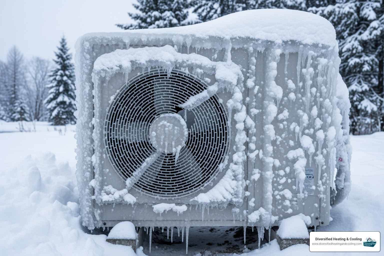 a severely frozen outdoor heat pump unit covered in a thick layer of ice, indicating a malfunction in a cold climate - 24 hour heat pump service in big bear city ca