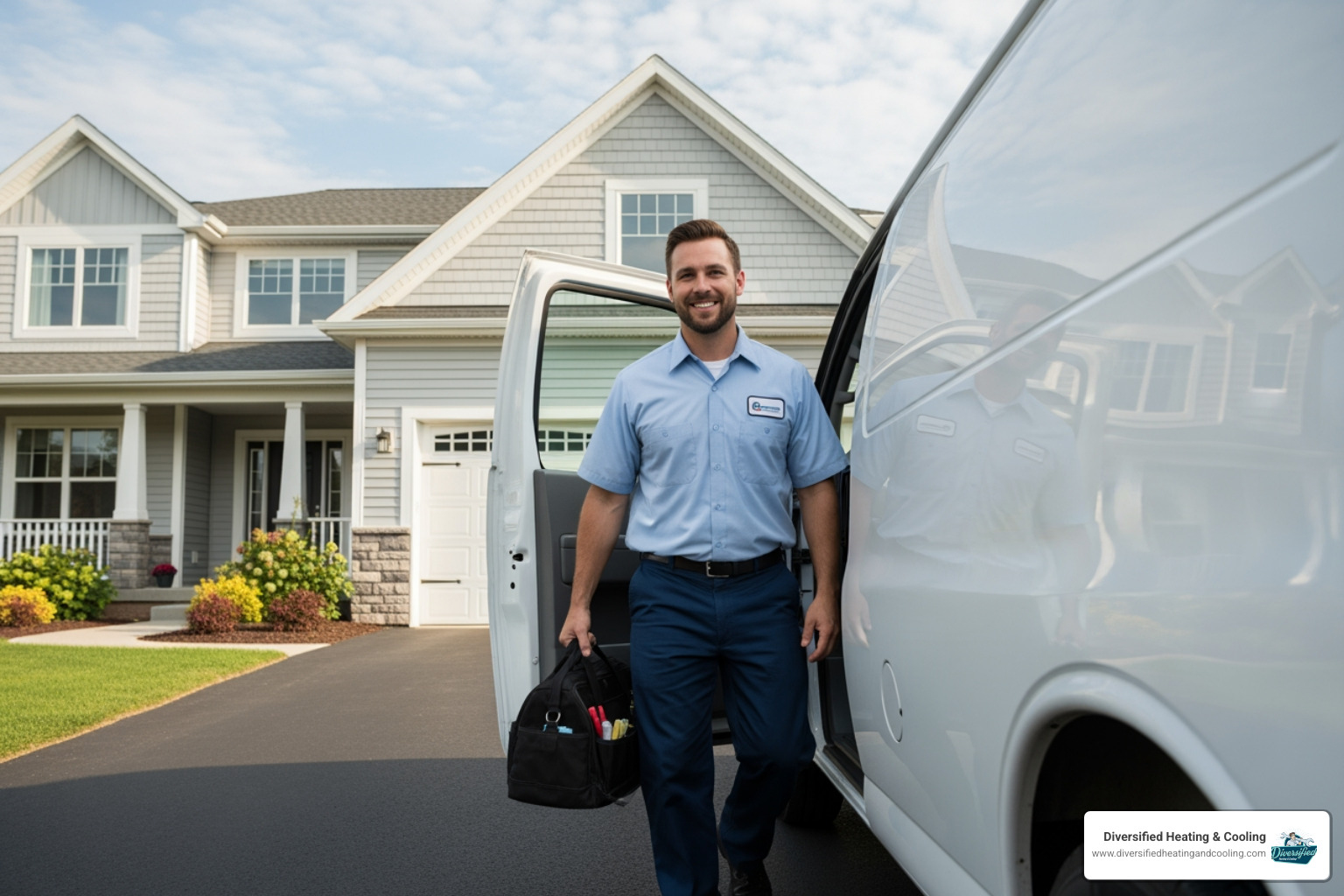 a professional, friendly HVAC technician, dressed in a clean uniform, arriving at a home in a branded service vehicle, ready to assist - 24 hour heat pump service in big bear city ca