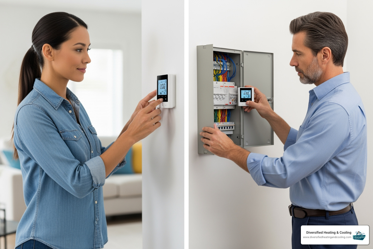 a person safely checking their thermostat and circuit breaker in a home, demonstrating basic troubleshooting steps before calling a professional - 24 hour heat pump service in big bear city ca