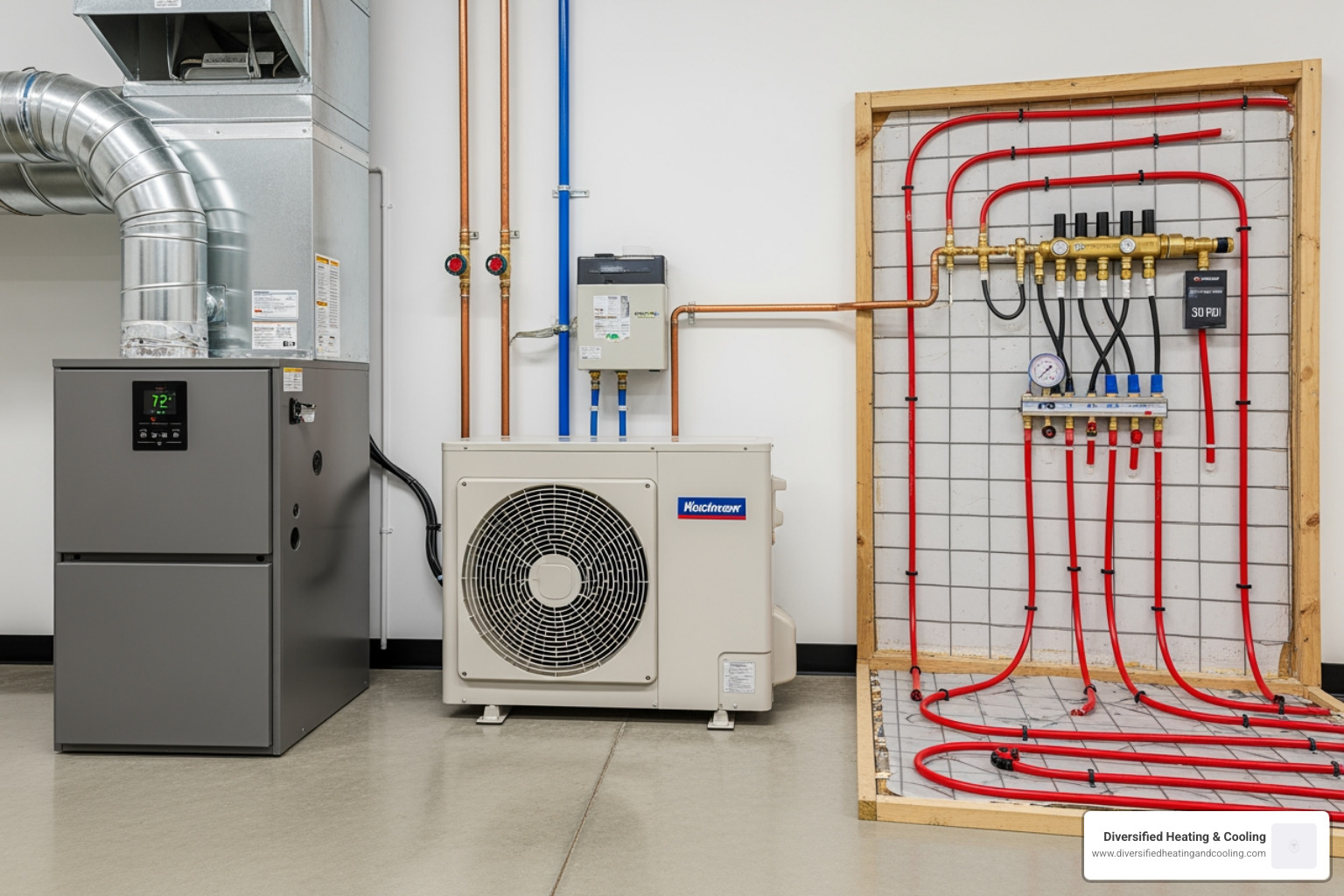 various heating system types including a furnace, a heat pump outdoor unit, and radiant floor heating pipes - heating installation in big bear lake ca