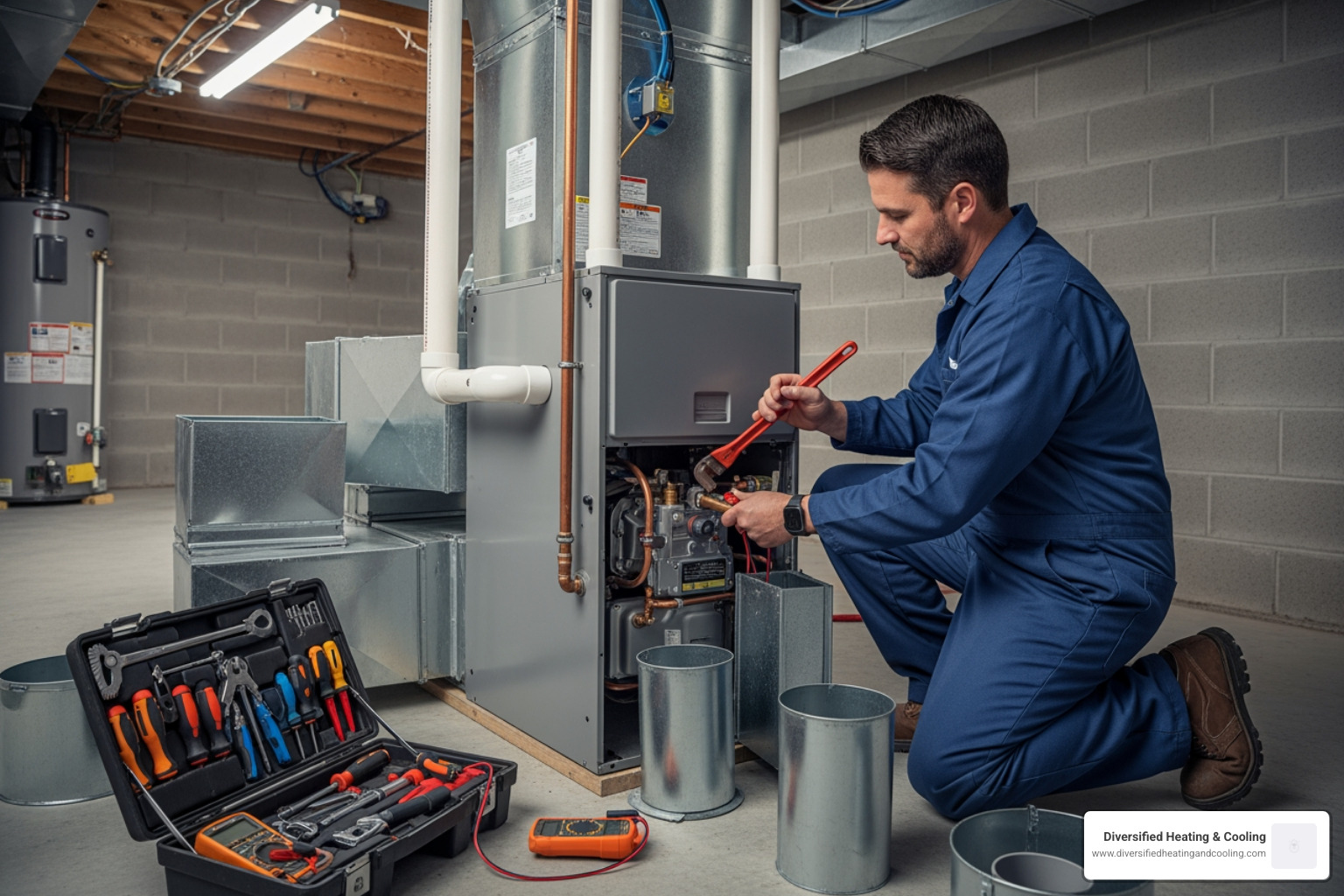 certified technician with tools working on a furnace installation - heating installation in big bear lake ca