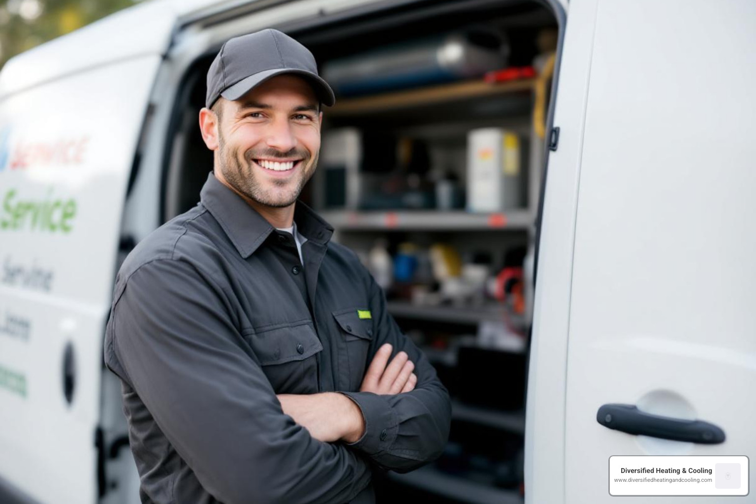 Friendly, uniformed HVAC technician standing by a service van - best heating company in big bear lake ca
