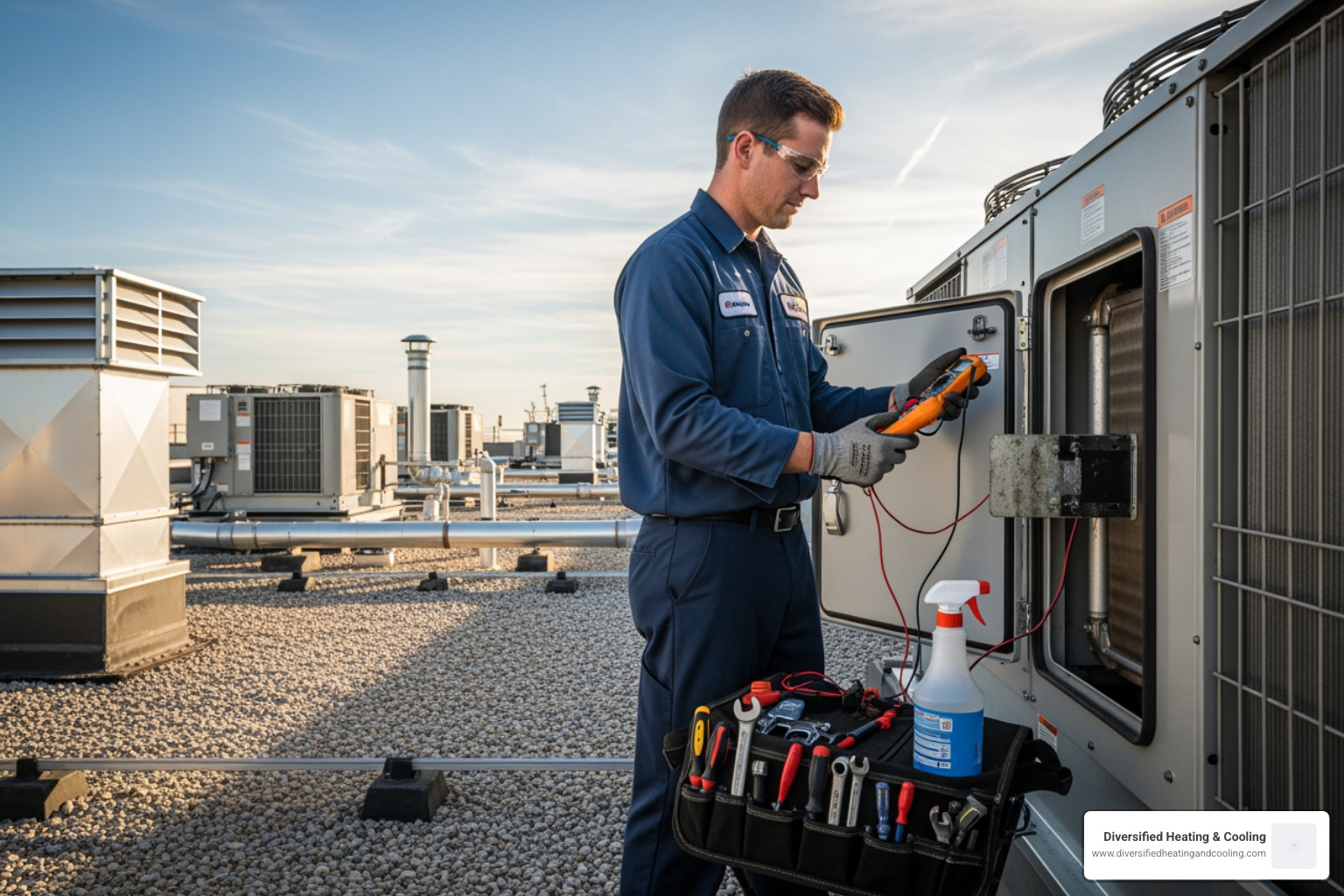 Technician servicing large commercial HVAC system - certified commercial hvac technician in palm springs ca