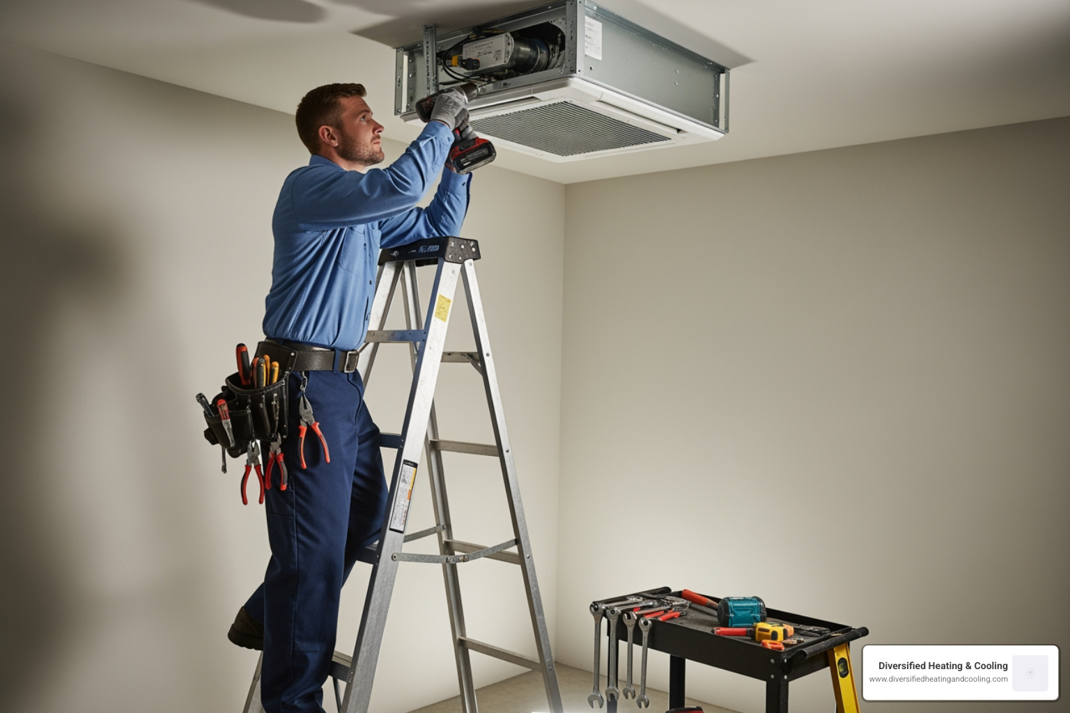 professional technician carefully installing an indoor air handler - heat pump installation in big bear city ca