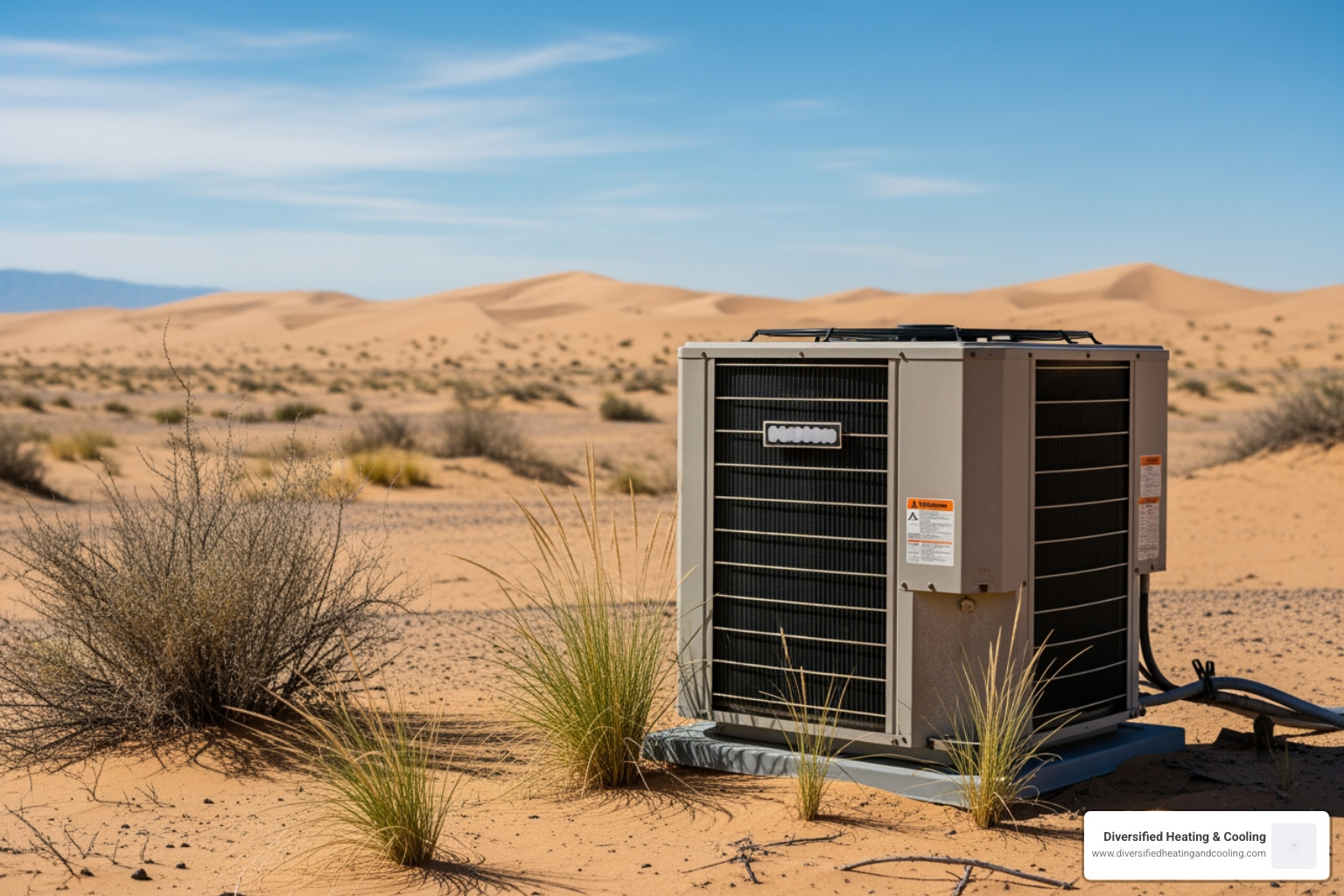 dusty outdoor HVAC unit with the desert landscape in the background - heating not working in joshua tree ca