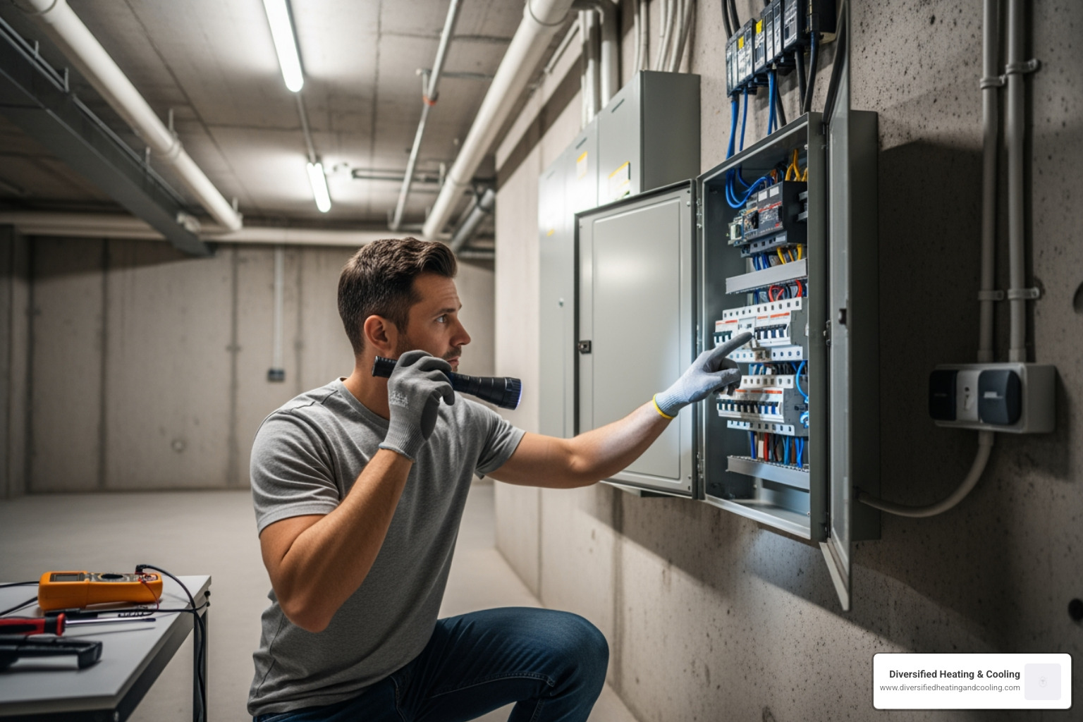 homeowner checking the circuit breaker panel in their home - heating not working in joshua tree ca