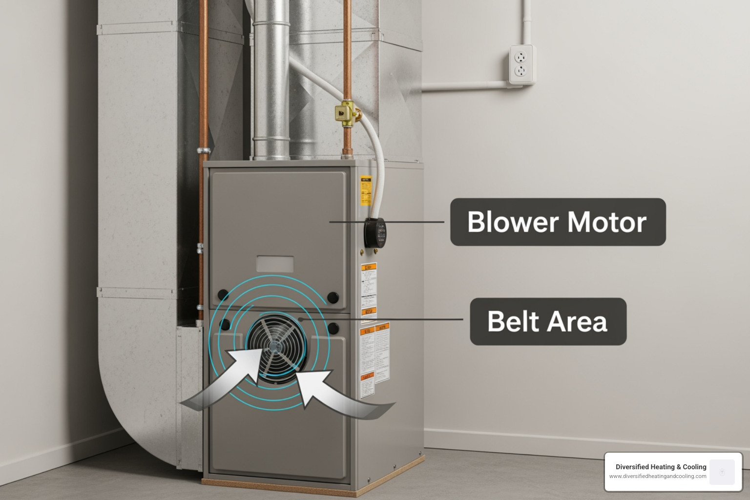furnace unit with arrows pointing to potential noise sources like the blower motor and belts - heating not working in joshua tree ca
