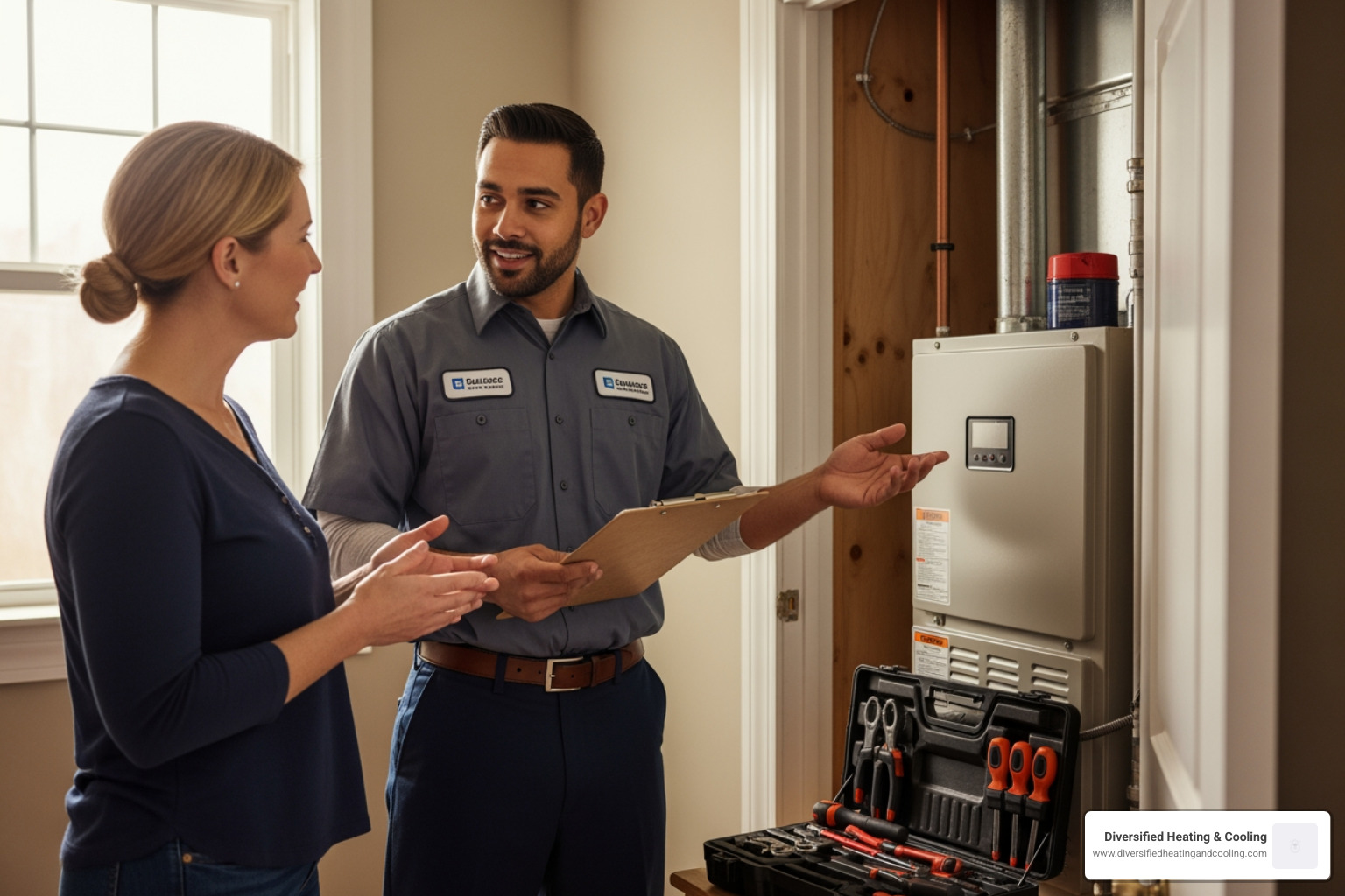 A friendly HVAC technician, clipboard in hand, actively listens to a homeowner's questions while standing next to an indoor heating unit, showcasing clear communication and service. - best heating company in yucca mesa ca