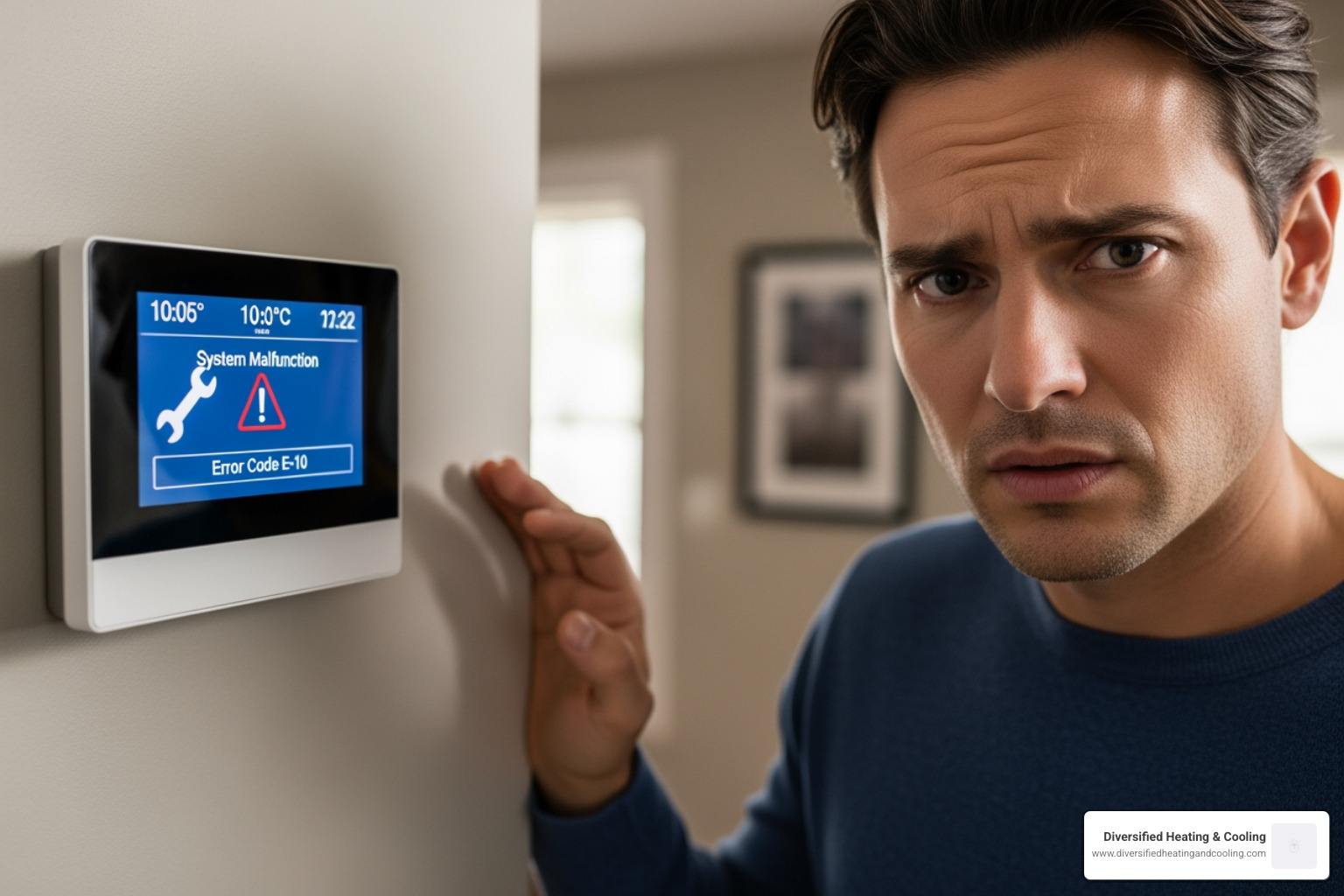 A homeowner looks with concern at a digital thermostat displaying an error message or alert symbol, indicating a heating system issue. - best heating company in yucca mesa ca