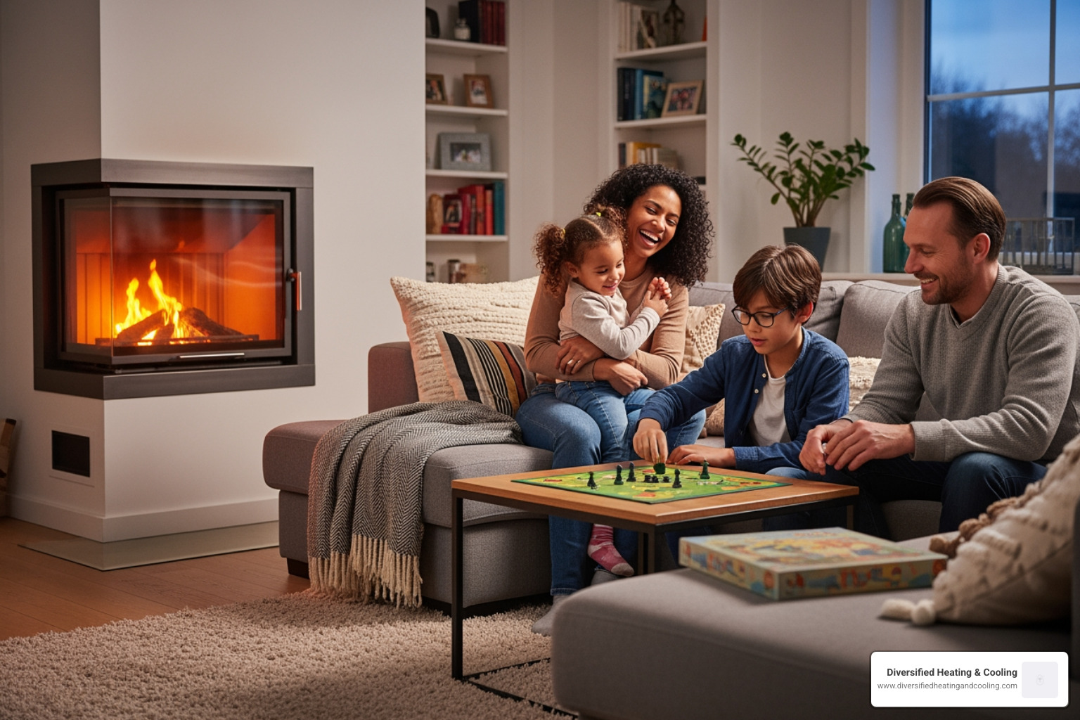 A family happily relaxing on a sofa in a warm, comfortable living room, with a subtle glow from a fireplace or heating vent, symbolizing home comfort and warmth. - best heating company in yucca mesa ca