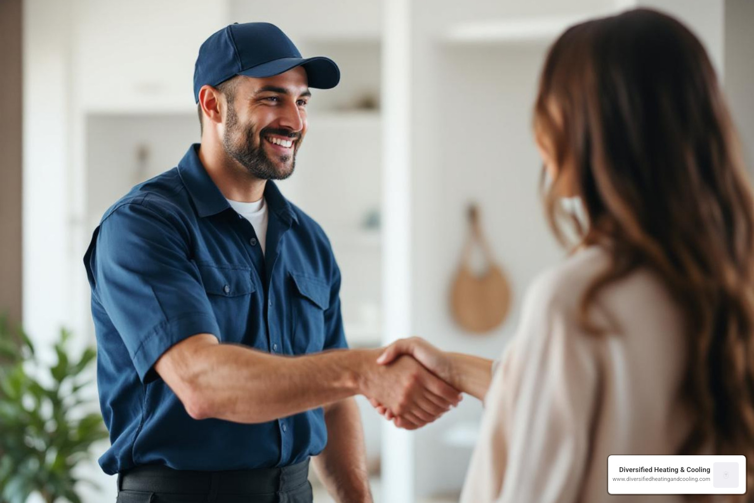 friendly uniformed technician shaking hands with a homeowner - heat pump installation in big bear city ca