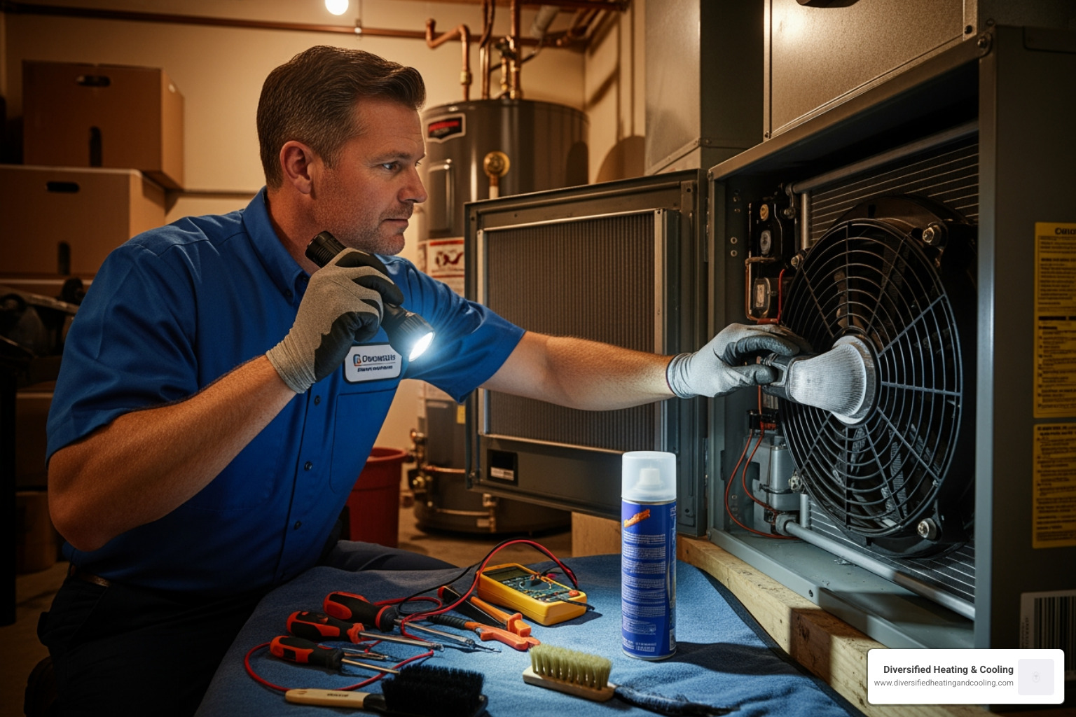 technician inspecting indoor air handler - heat pump maintenance in palm springs ca