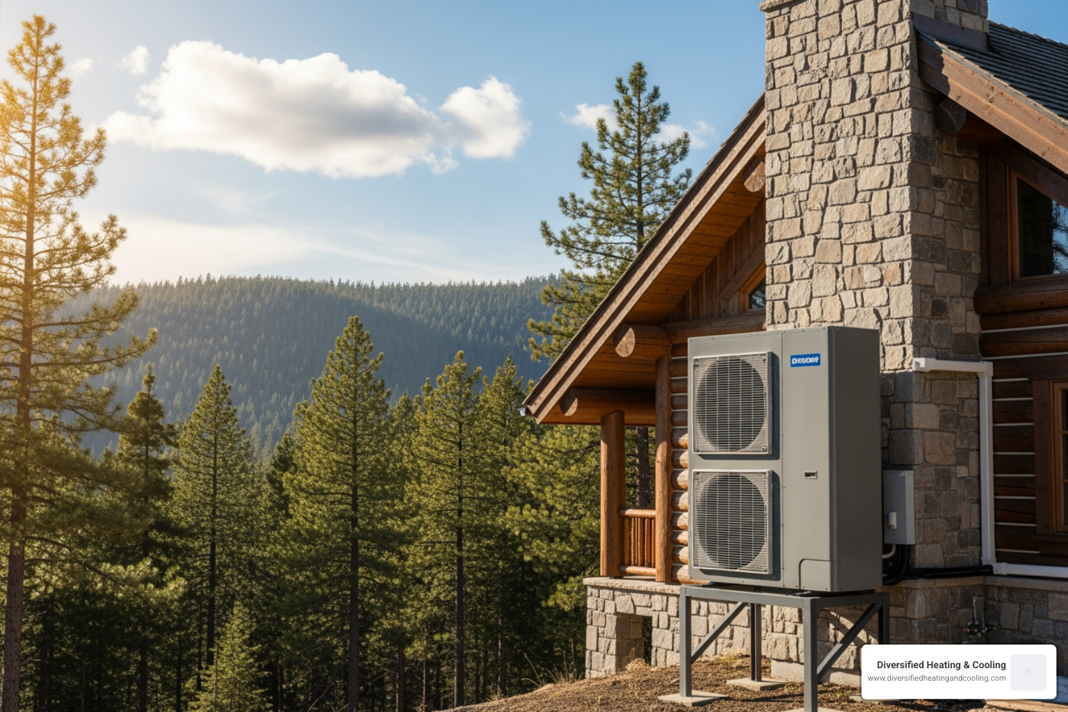 Modern heat pump unit installed neatly on the side of a mountain cabin - best heat pump company in big bear city ca