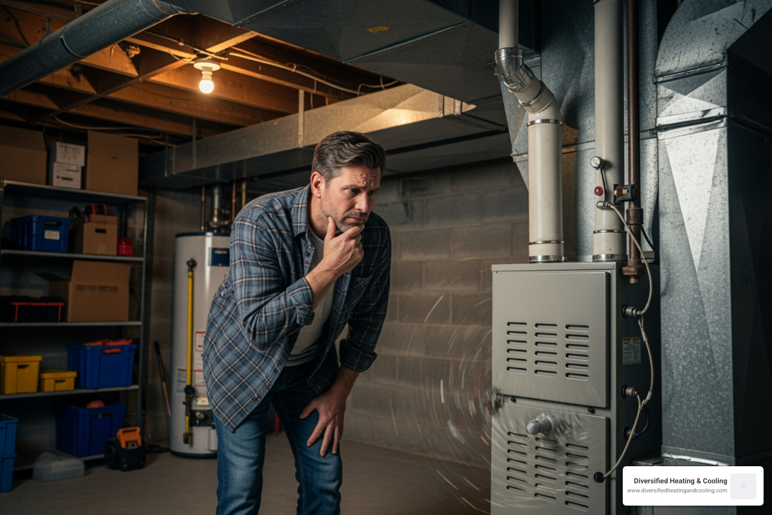 homeowner listening to a noisy furnace with concern - affordable heating repair in yucca valley ca
