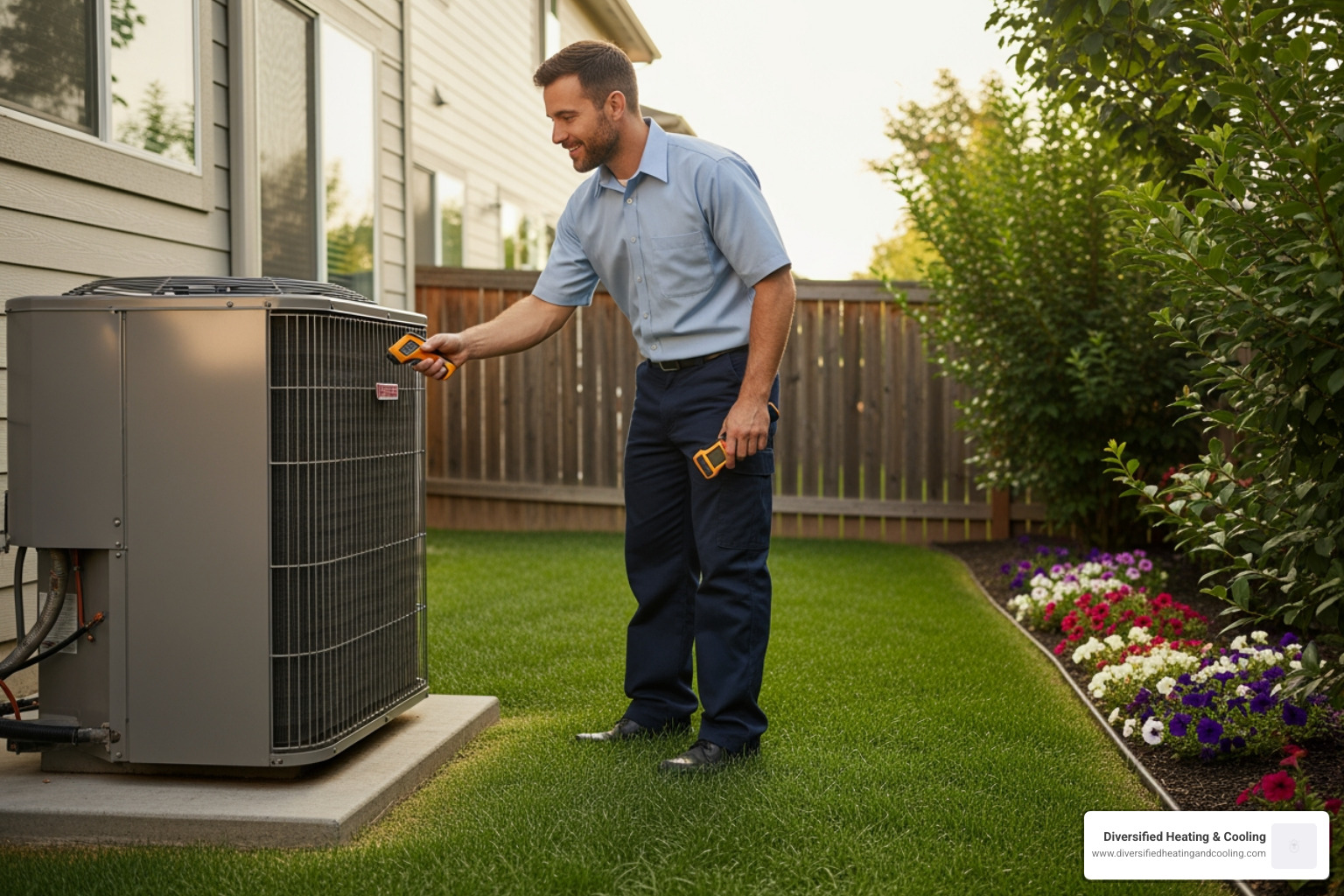 professional friendly technician inspecting a heating unit outdoors - affordable heating repair in yucca valley ca