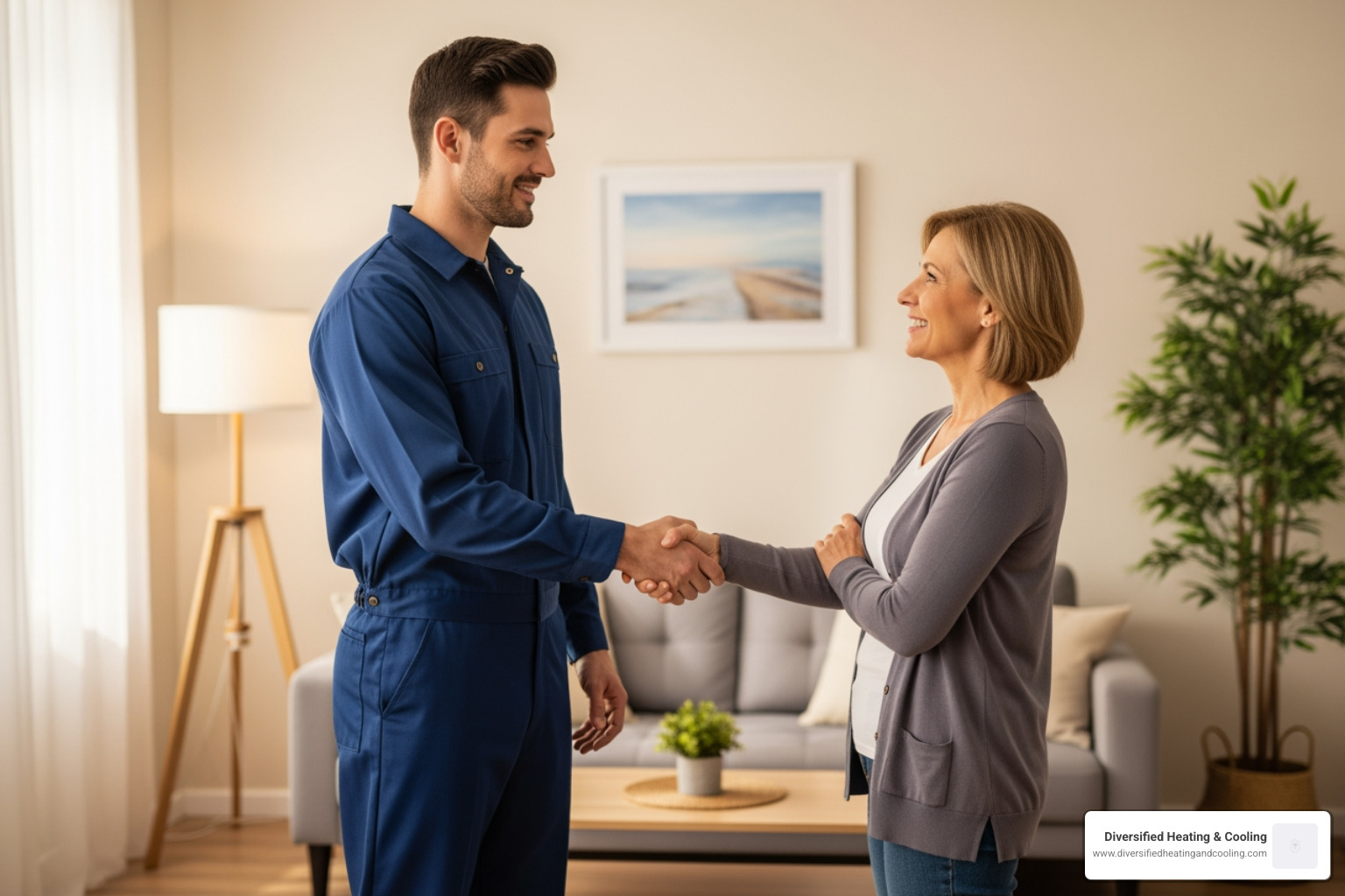 A friendly HVAC technician, wearing a clean, unbranded uniform, shakes hands with a smiling homeowner in their living room, conveying trust and good customer service. - best heating company in yucca mesa ca